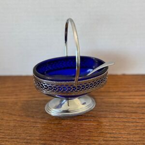 Vintage Cobalt Blue‎ Glass Condiment Dish Silver Filigree Basket Spoon